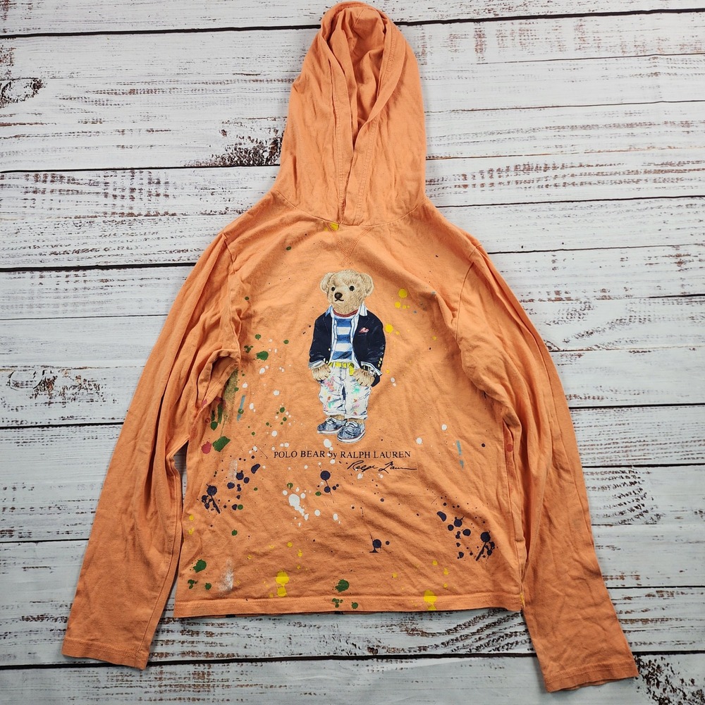 Polo Ralph Lauren Paint-Splatter Polo Bear Hooded T-Shirt Boys L 14-16 Orange